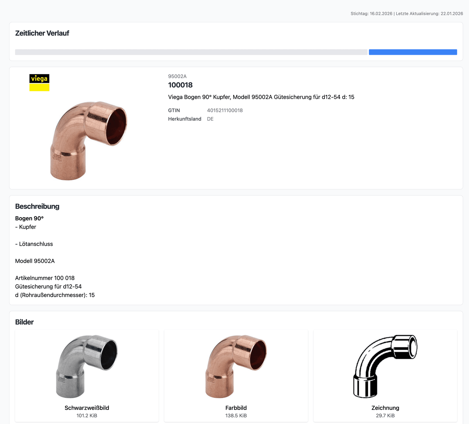 Digitaler Produktpass – Viega Bogen 90° im Browser