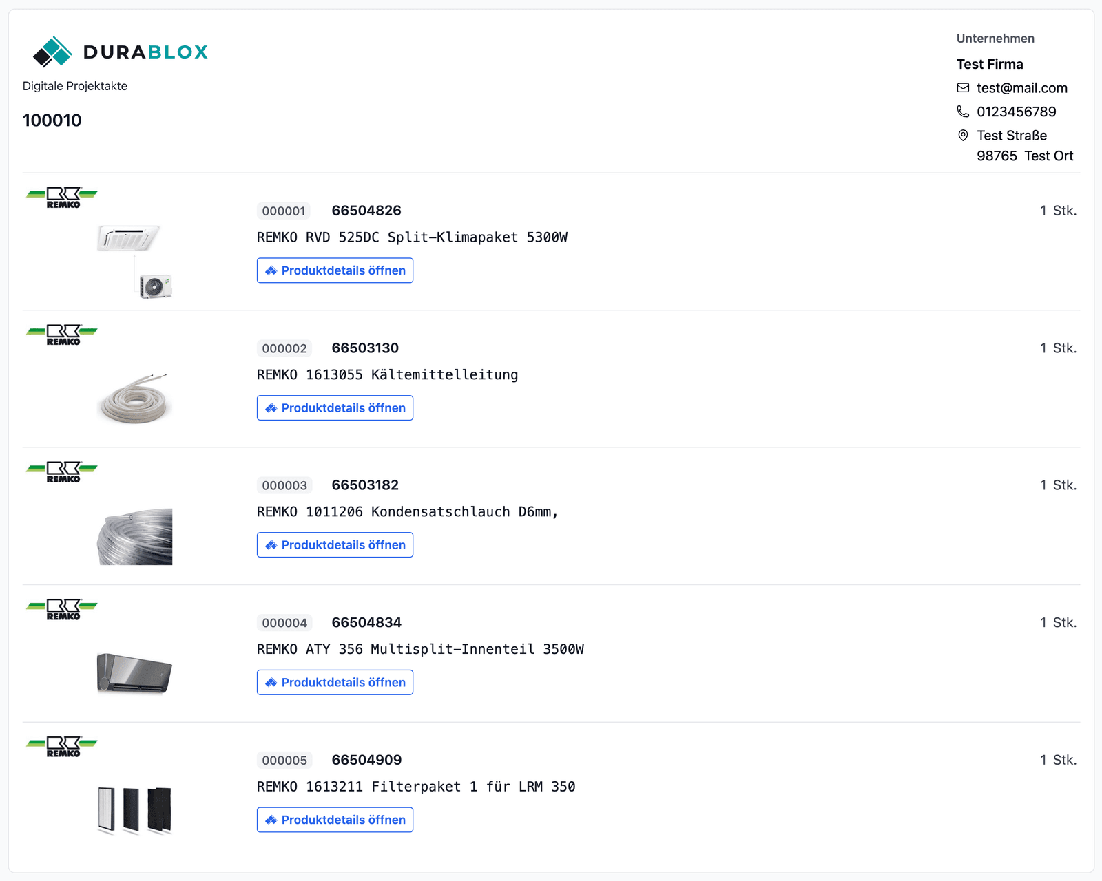 Digitale Projektakte – Übersicht mit Produktliste